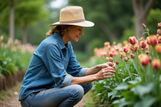 Femme horticultrice inspectant des fleurs fanées dans un jardin