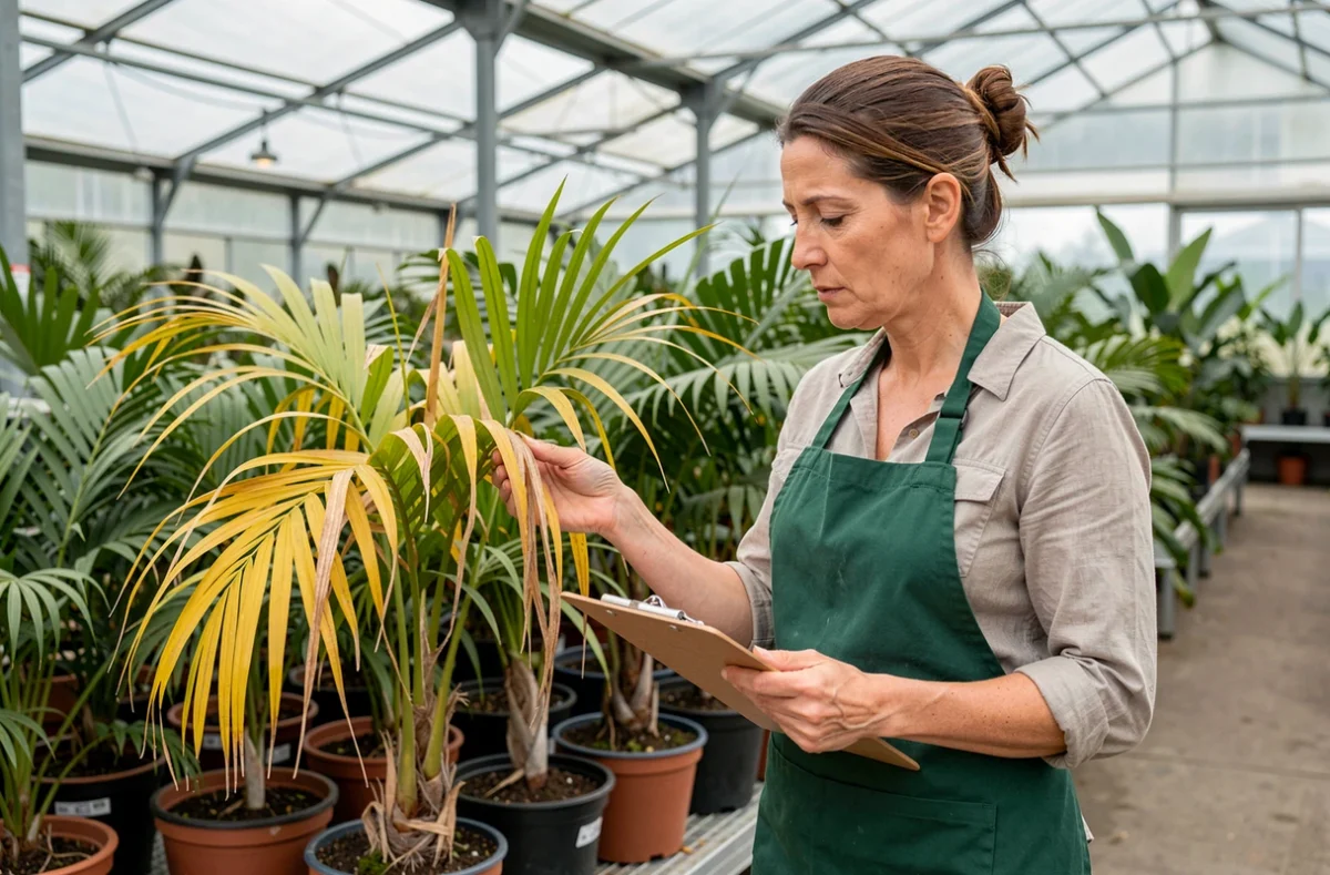 Horticultrice inspectant des palmiers Trachycarpus en mauvaise santé dans une serre de jardinerie avec des frondes affaissées et jaunies