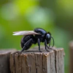 Gros insecte noir volant posé sur une clôture en bois dans un jardin, détail macro des ailes et du corps