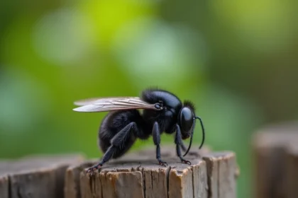Gros insecte noir volant posé sur une clôture en bois dans un jardin, détail macro des ailes et du corps