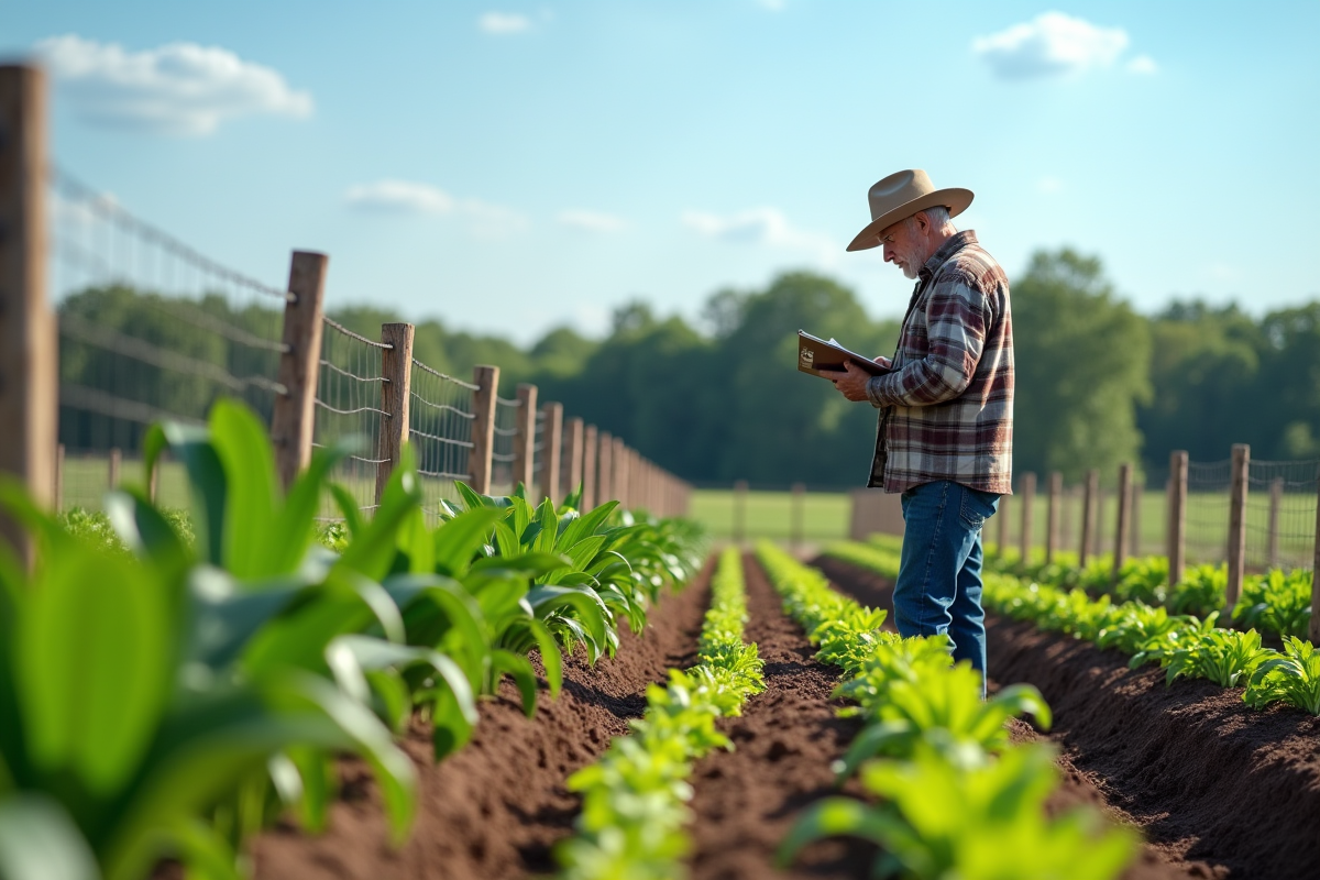 Homme âgé inspectant des plants de maïs et haricots