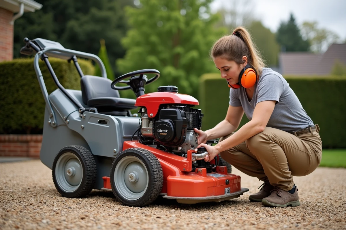 Femme inspectant le mécanisme de coupe d'une débroussailleuse autoportée avant utilisation dans un jardin résidentiel