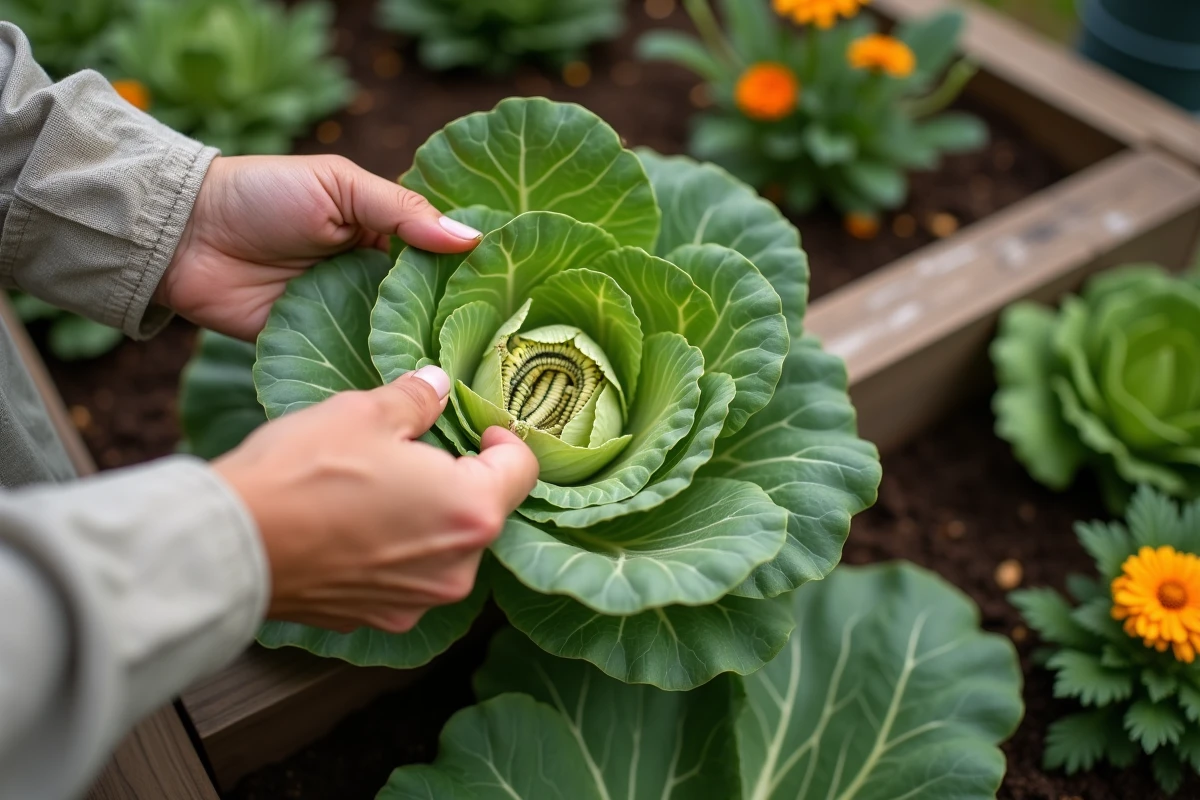 Mains de jardinière inspectant le dessous d'une feuille de chou infestée de chenilles vertes et d'œufs de papillon