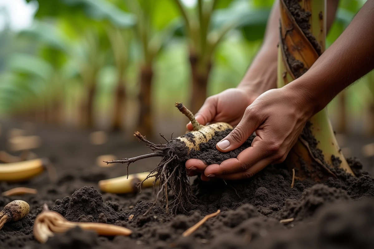 Mains d'agriculteur inspectant les racines et la terre autour d'un bananier malade pour détecter pourriture et champignons