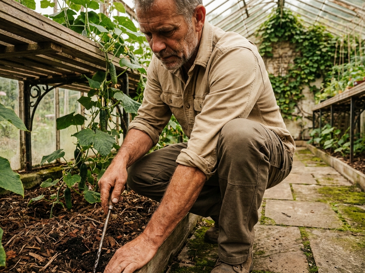 Jardinier expérimenté inspectant l'humidité du sol au pied de plants de concombre dans une serre en verre ancienne