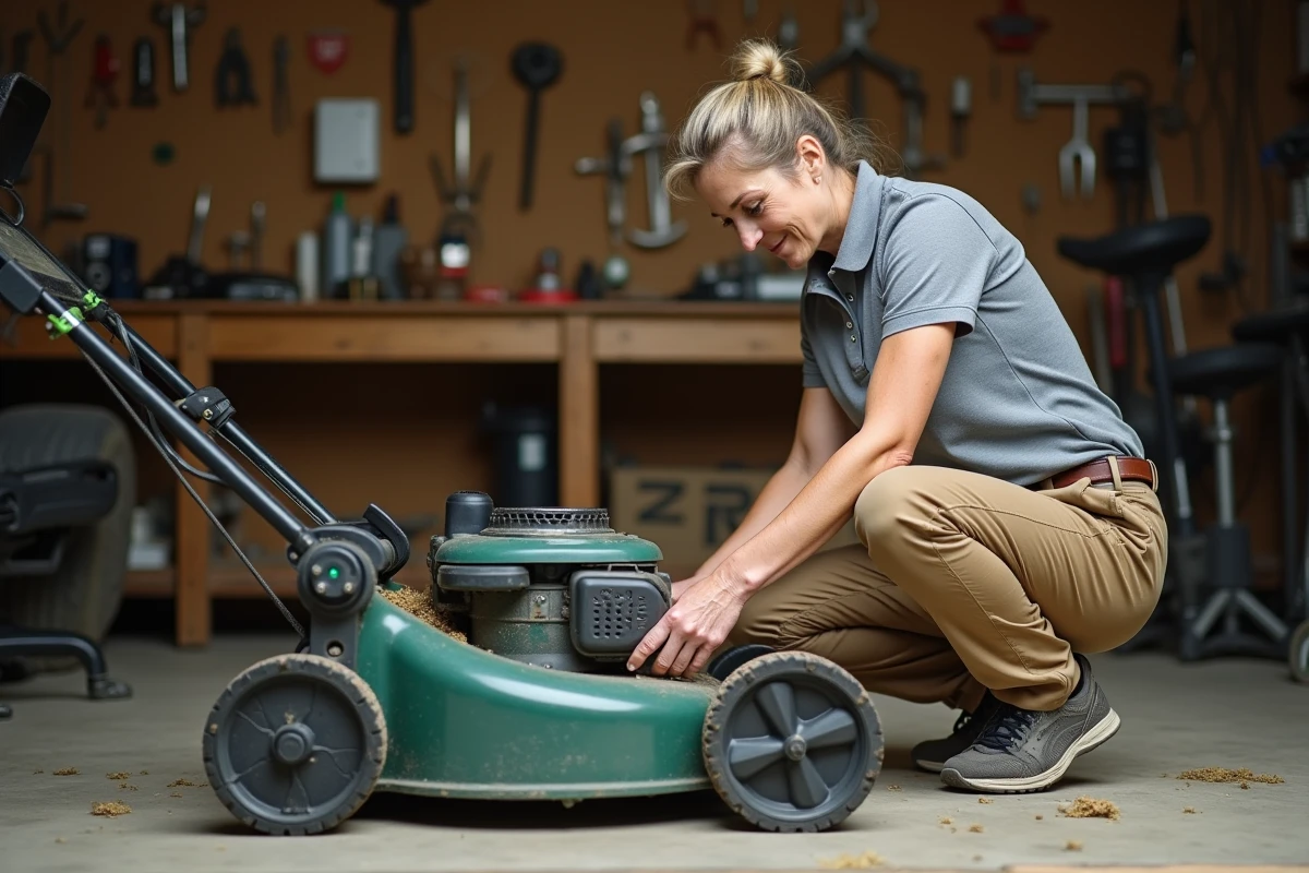 Femme inspectant le dessous d'une tondeuse à batterie professionnelle dans un atelier de jardinage, contrôle qualité et entretien