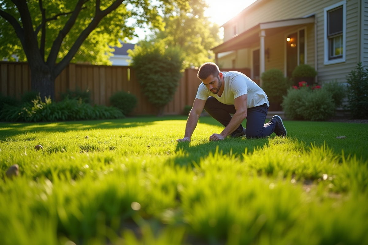 Propriétaire inspectant une pelouse saine et compacte dans le jardin
