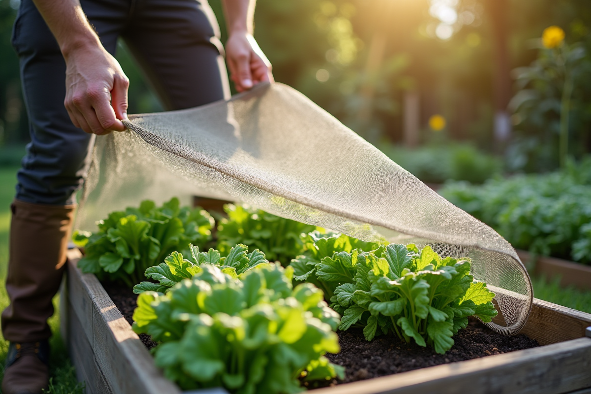 Personne installant un filet sur un jardin ensoleille