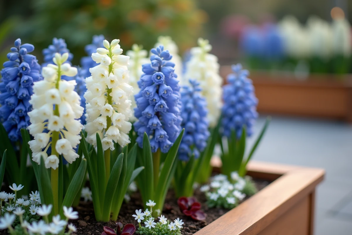 Gros plan sur des jacinthes blanches et bleues associées à des muscaris bordeaux et de l'alysse blanche dans un parterre surélevé en bois