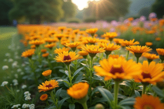 Jardin avec plantes en fleur en pleine floraison au matin