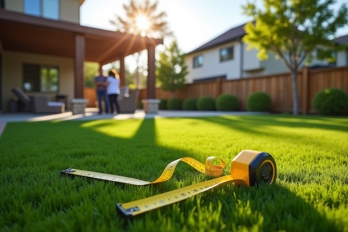 Jardin moderne avec pelouse synthétique et famille discutant