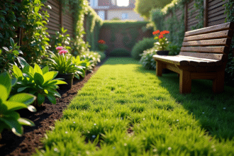 Jardin urbain vu du dessus avec plantes vertes et banc