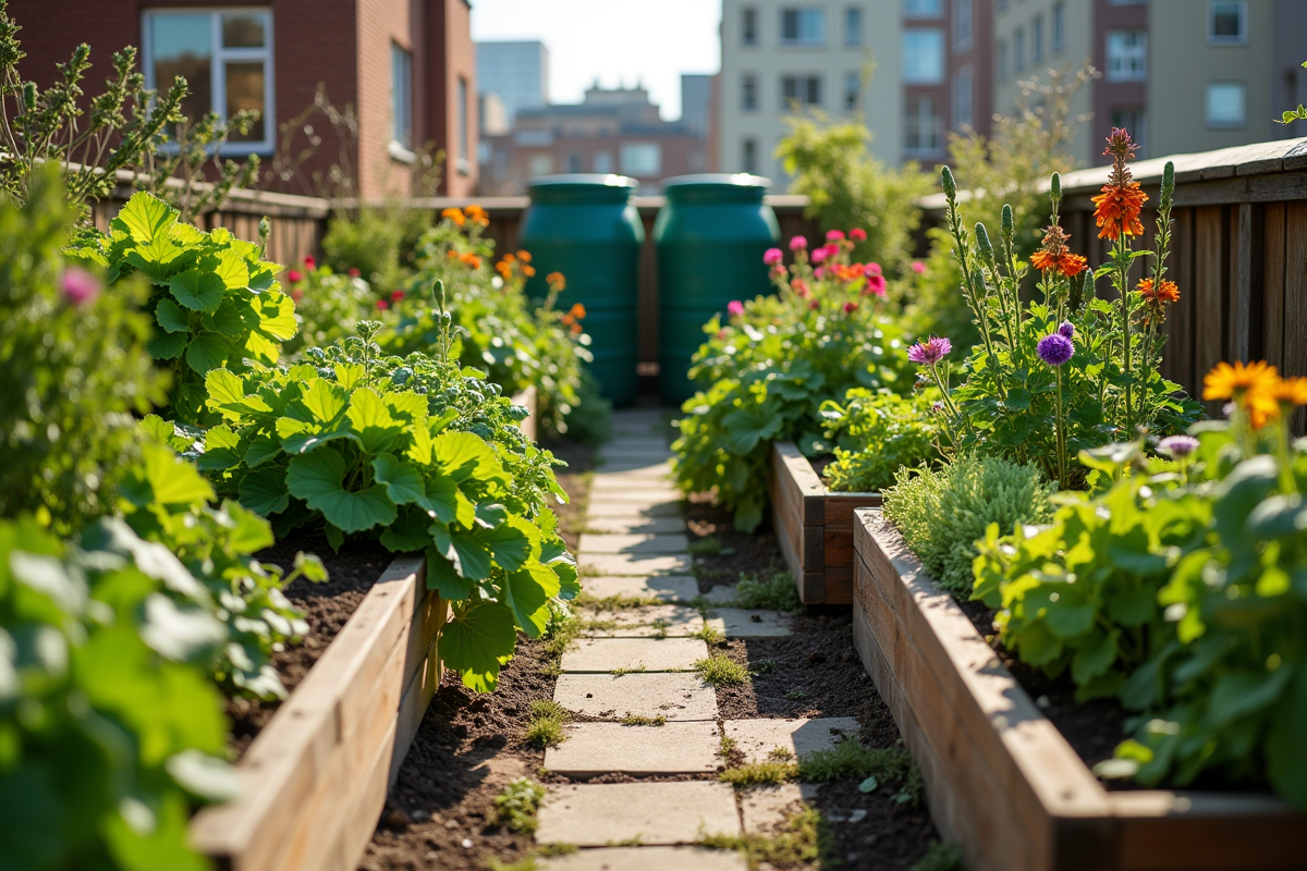 Potager urbain sur un toit avec légumes et outils écologiques