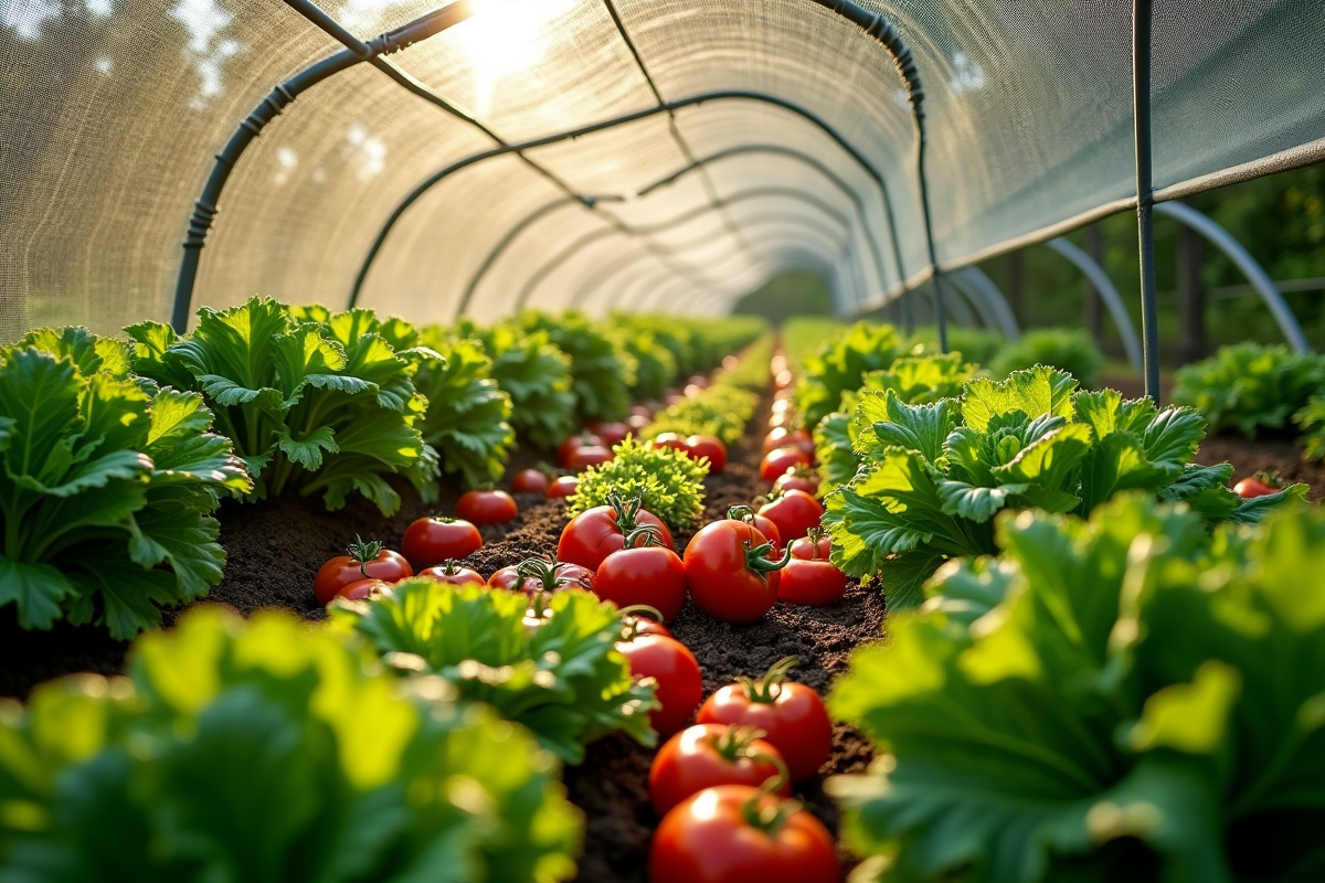 Jardin de légumes protégés par un filet vu de dessus