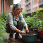 Femme jardinant sur balcon urbain avec tomates en pot