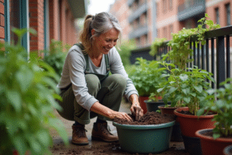 Femme jardinant sur balcon urbain avec tomates en pot