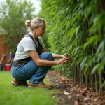 Femme moyenne âge examine une haie de bambou mature dans son jardin