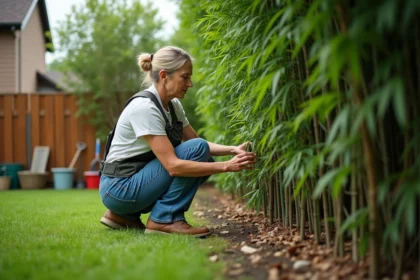 Femme moyenne âge examine une haie de bambou mature dans son jardin