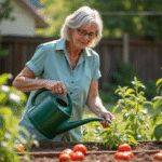 Femme d'âge moyen arrosant ses légumes en été dans le jardin