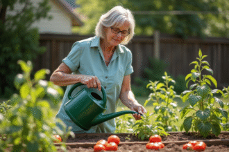 Femme d'âge moyen arrosant ses légumes en été dans le jardin