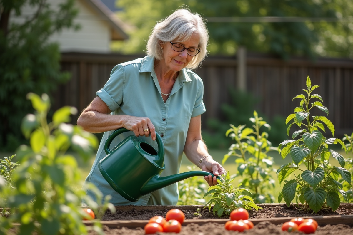 Femme d'âge moyen arrosant ses légumes en été dans le jardin