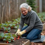 Femme d'âge moyen taillant des plants de fraises dans un jardin