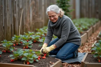 Femme d'âge moyen taillant des plants de fraises dans un jardin