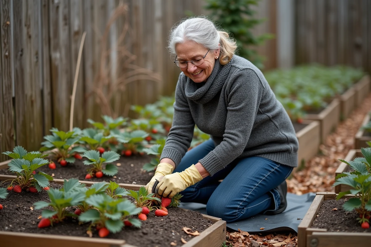 Femme d'âge moyen taillant des plants de fraises dans un jardin