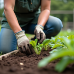 Femme en jardinage plantant des légumes dans un jardin verdoyant