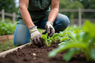 Femme en jardinage plantant des légumes dans un jardin verdoyant