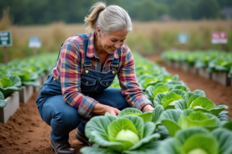 Femme en overalls dans un jardin de légumes