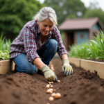 Femme plantant des oignons dans un jardin bien entretenu