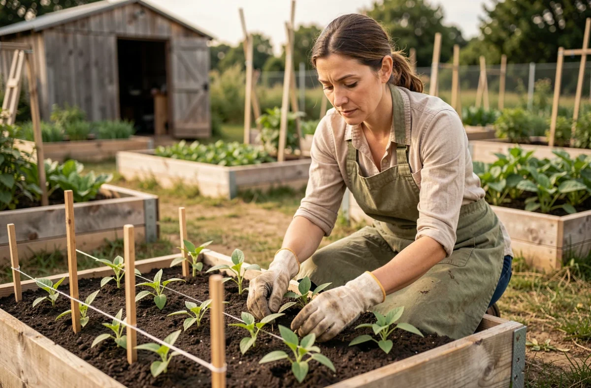 Femme jardinière agenouillée en train de planter des semis de haricots verts en rangs espacés dans un carré potager avec des piquets et de la ficelle