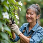 Femme moyenne âge en jardinage prune un jasmin vert