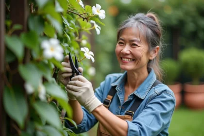 Femme moyenne âge en jardinage prune un jasmin vert