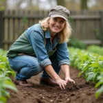 Femme souriante plantant des haricots dans le jardin