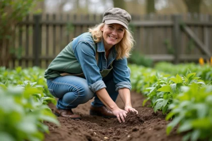 Femme souriante plantant des haricots dans le jardin