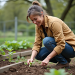 Femme moyenne âge semant des haricots verts dans son jardin