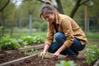 Femme moyenne âge semant des haricots verts dans son jardin
