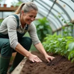Femme en overalls semant des haricots dans une serre