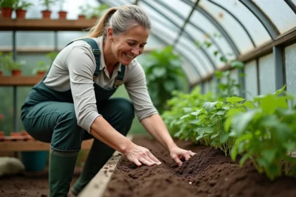 Femme en overalls semant des haricots dans une serre