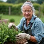 Femme jardinant avec thym dans un jardin paisible
