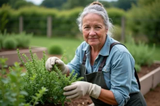 Femme jardinant avec thym dans un jardin paisible