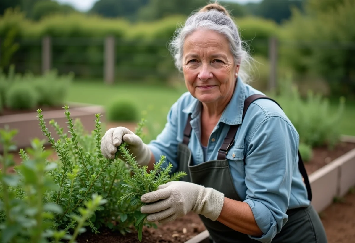 Femme jardinant avec thym dans un jardin paisible