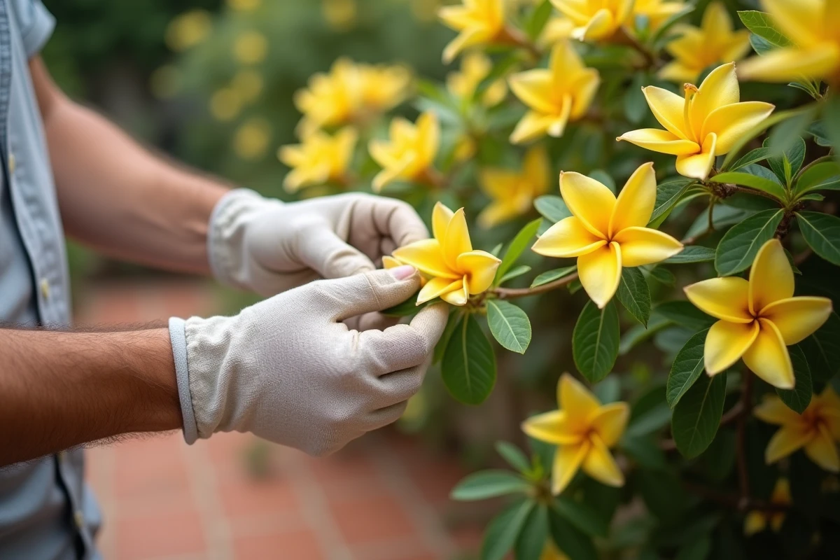 Jardinier retirant une feuille jaune d'un laurier rose en plein été sur une terrasse