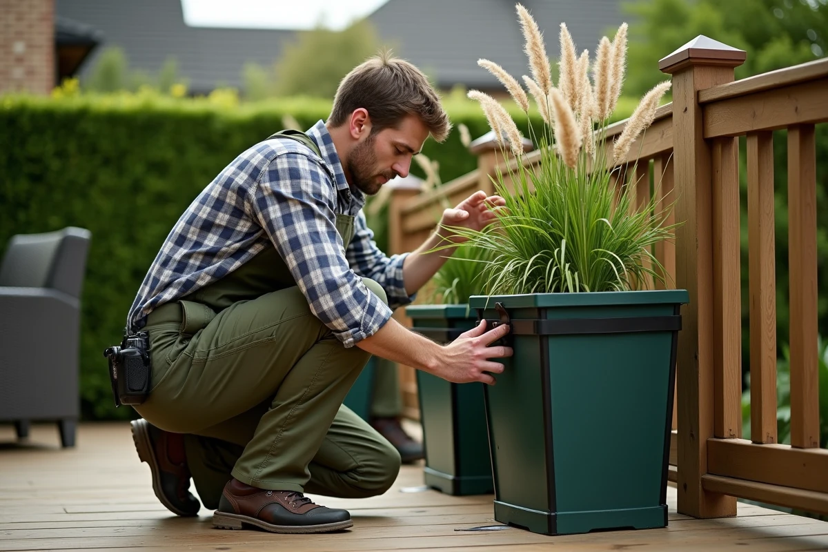 Jardinier fixant une sangle anti-basculement sur un grand pot de fleur extérieur de 100 cm sur une terrasse en bois
