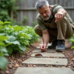 Homme jardinier regarde un cafard dans le jardin