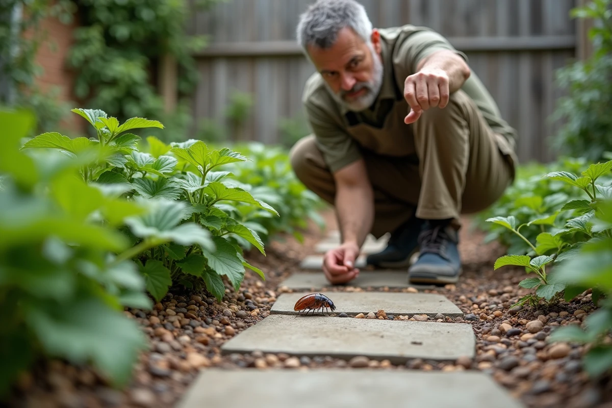 Homme jardinier regarde un cafard dans le jardin