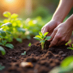 Jardinier plantant jeunes légumes dans un jardin ensoleille