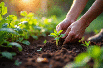 Jardinier plantant jeunes légumes dans un jardin ensoleille